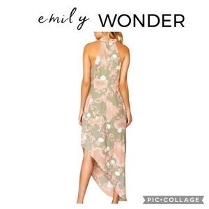 Emily Wonder green pink asymmetrical halter sheath maxi dress size small NWT